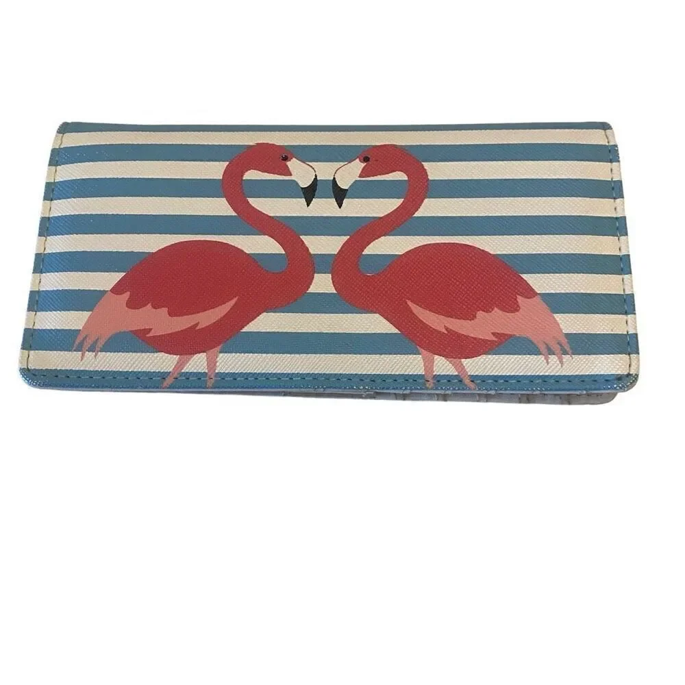 Pink Flamingo Blue and White Striped Bi-Fold Wallet‎